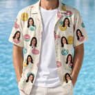 Man wearing Men's Rosy Rafties Custom Face Hawaiian Shirt open over a white tee