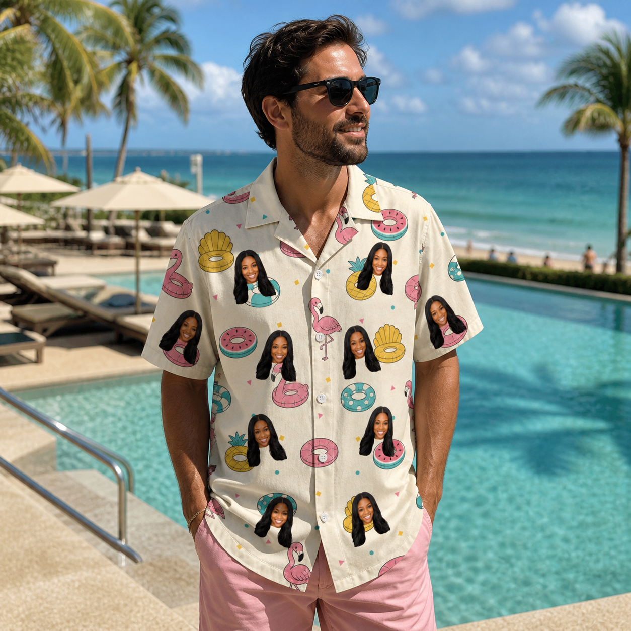Real-life photo of someone wearing Men's Rosy Rafties Custom Face Hawaiian Shirt — custom faces printed all-over