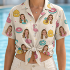 Woman wearing Women's Rosy Rafties Custom Face Hawaiian Shirt tied at the waist