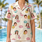 Model wearing Women's Rosy Rafties Custom Face Hawaiian Shirt printed with kids' faces