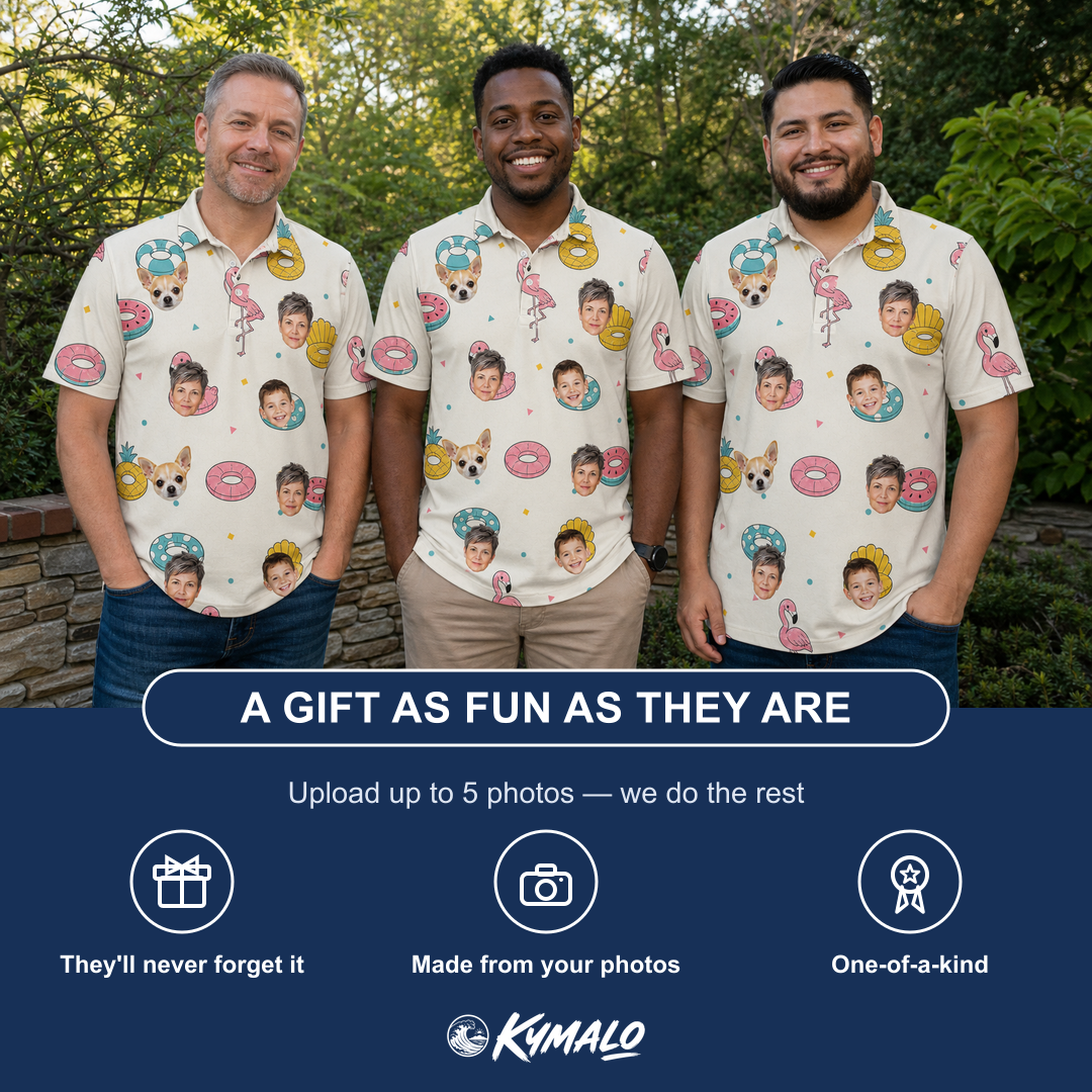 Friends in matching Men's Rosy Rafties Custom Face Polo Shirt — a group gift photo