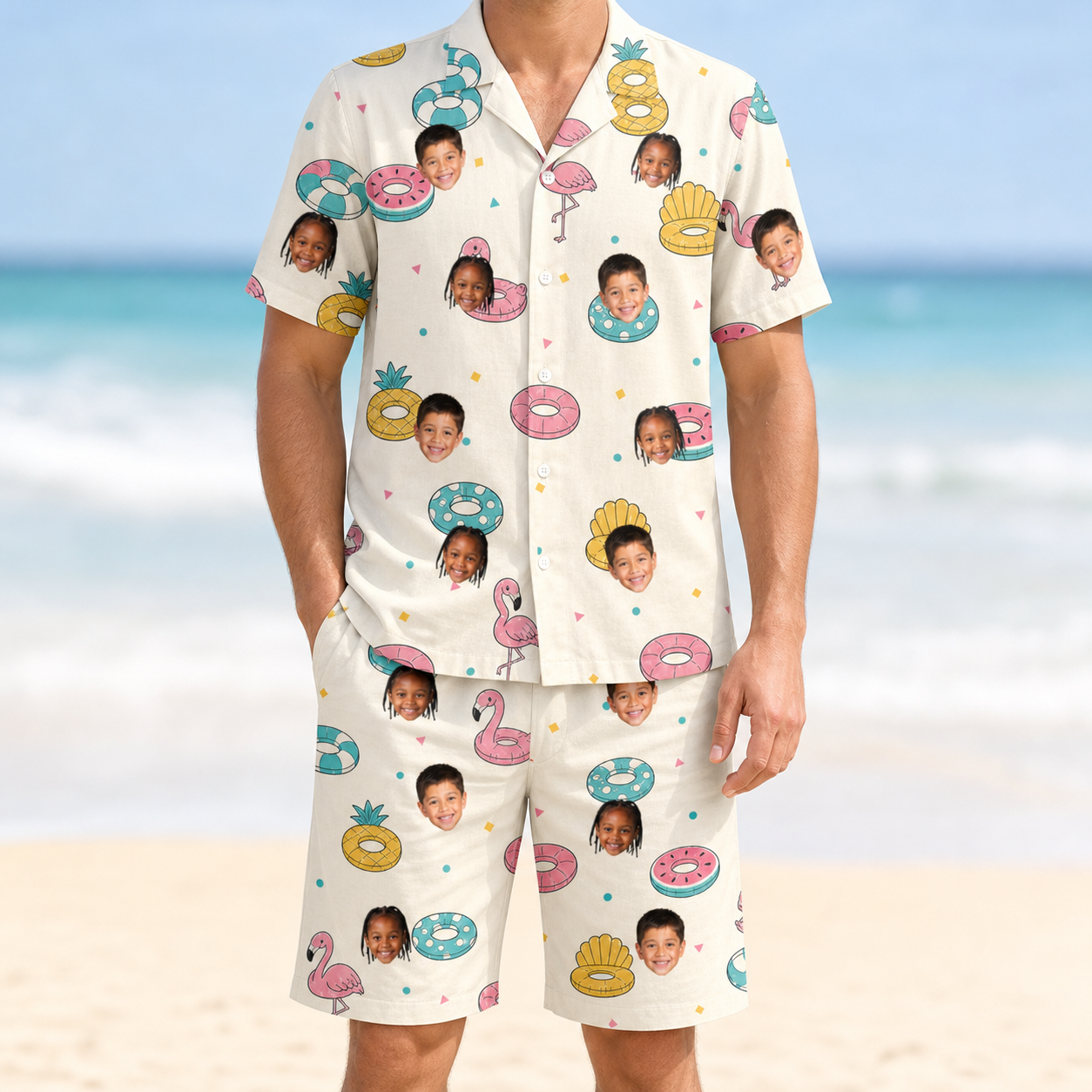 Model wearing Men's Rosy Rafties Custom Face Shirt & Shorts Set printed with kids' faces