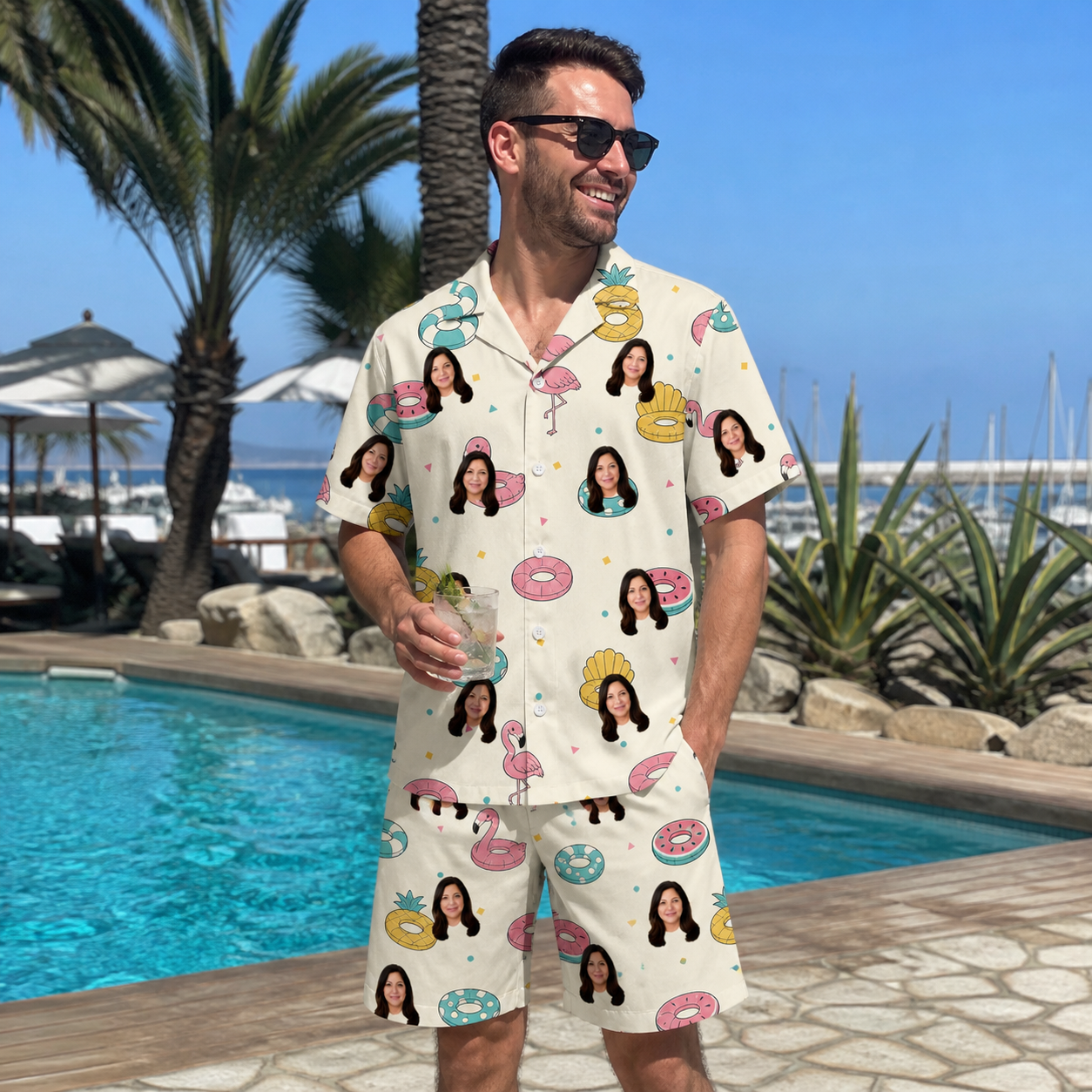 Real-life photo of someone wearing Men's Rosy Rafties Custom Face Shirt & Shorts Set — custom faces printed all-over