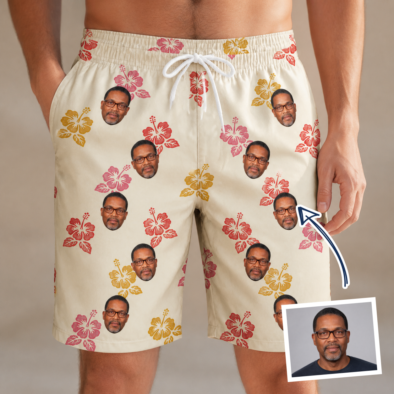 Man wearing Men's Hibiscus Hustle Custom Face Beach Shorts — custom faces printed all-over