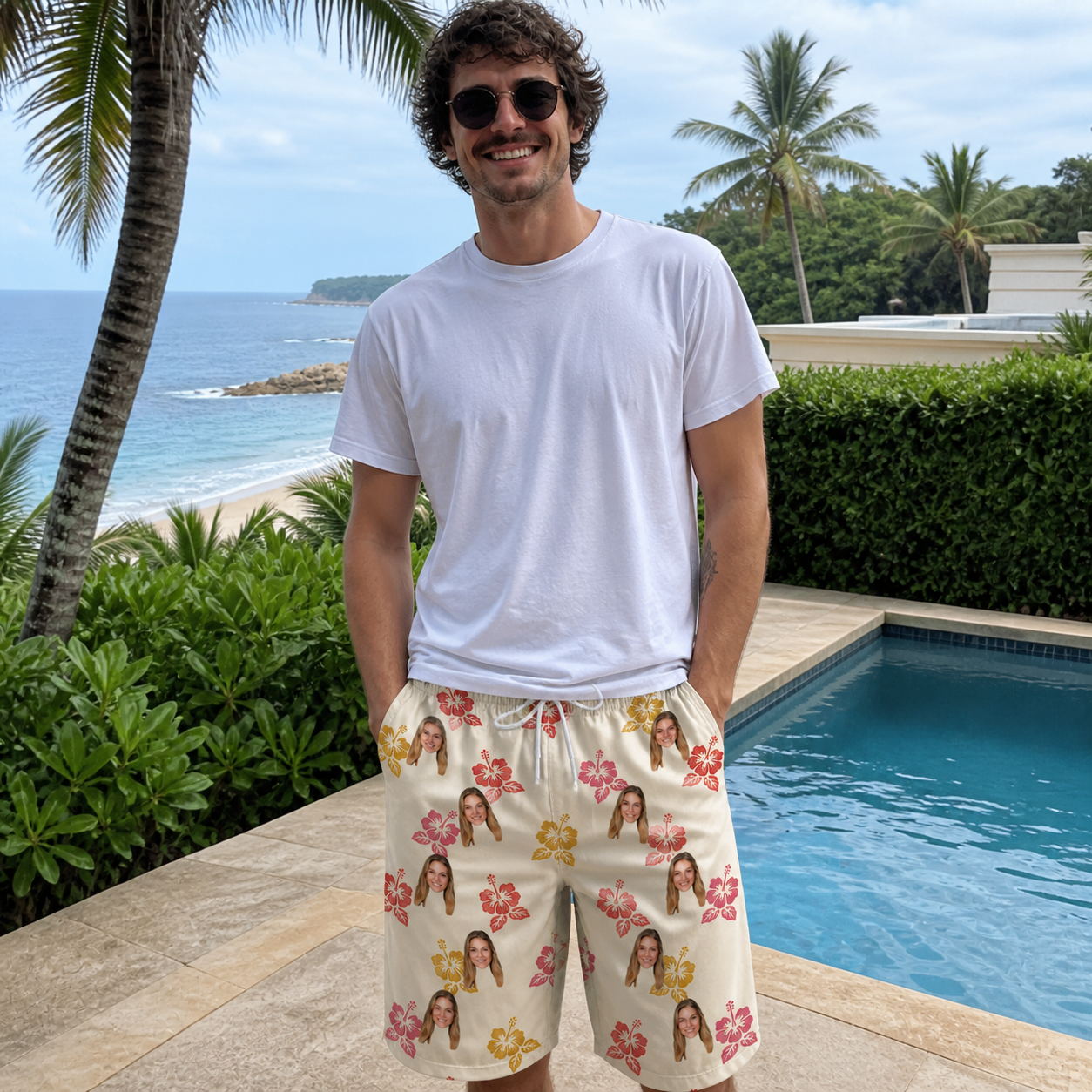 Real-life photo of someone wearing Men's Hibiscus Hustle Custom Face Beach Shorts — custom faces printed all-over