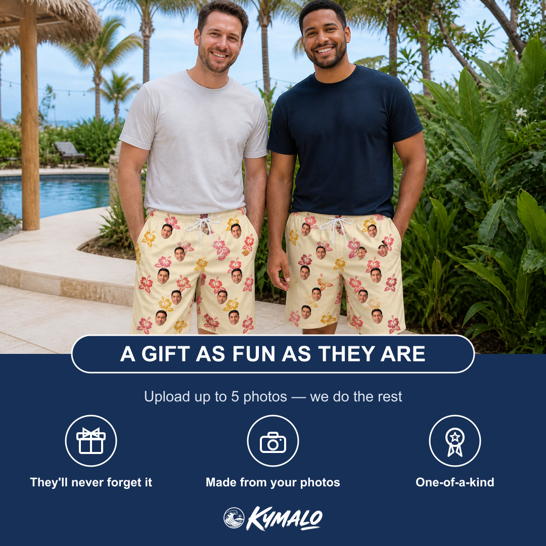 Friends in matching Men's Hibiscus Hustle Custom Face Beach Shorts — a group gift photo
