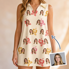 Woman wearing Women's Hibiscus Hustle Custom Face V-Neck Dress — custom faces printed all-over