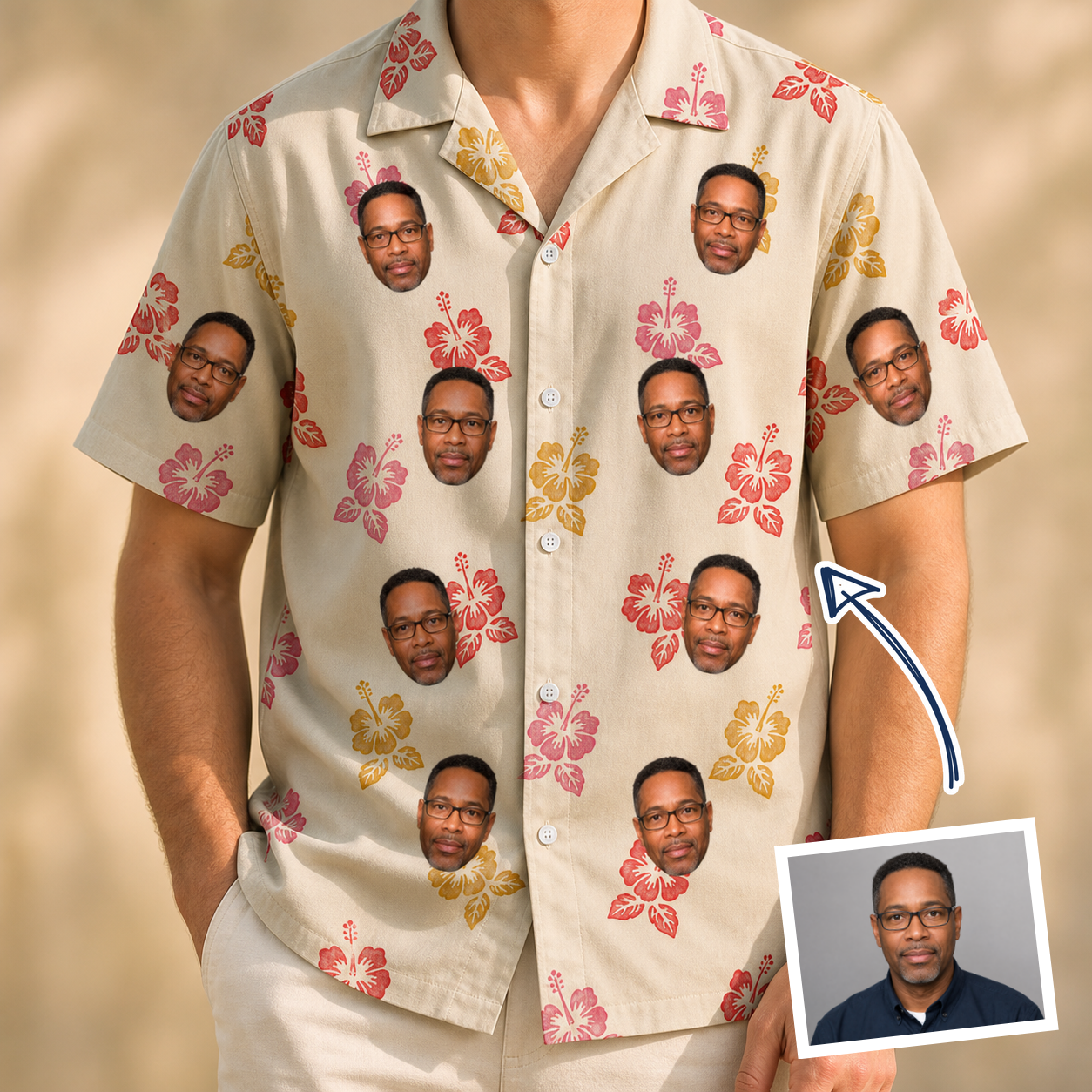 Man wearing Men's Hibiscus Hustle Custom Face Hawaiian Shirt — custom faces printed all-over