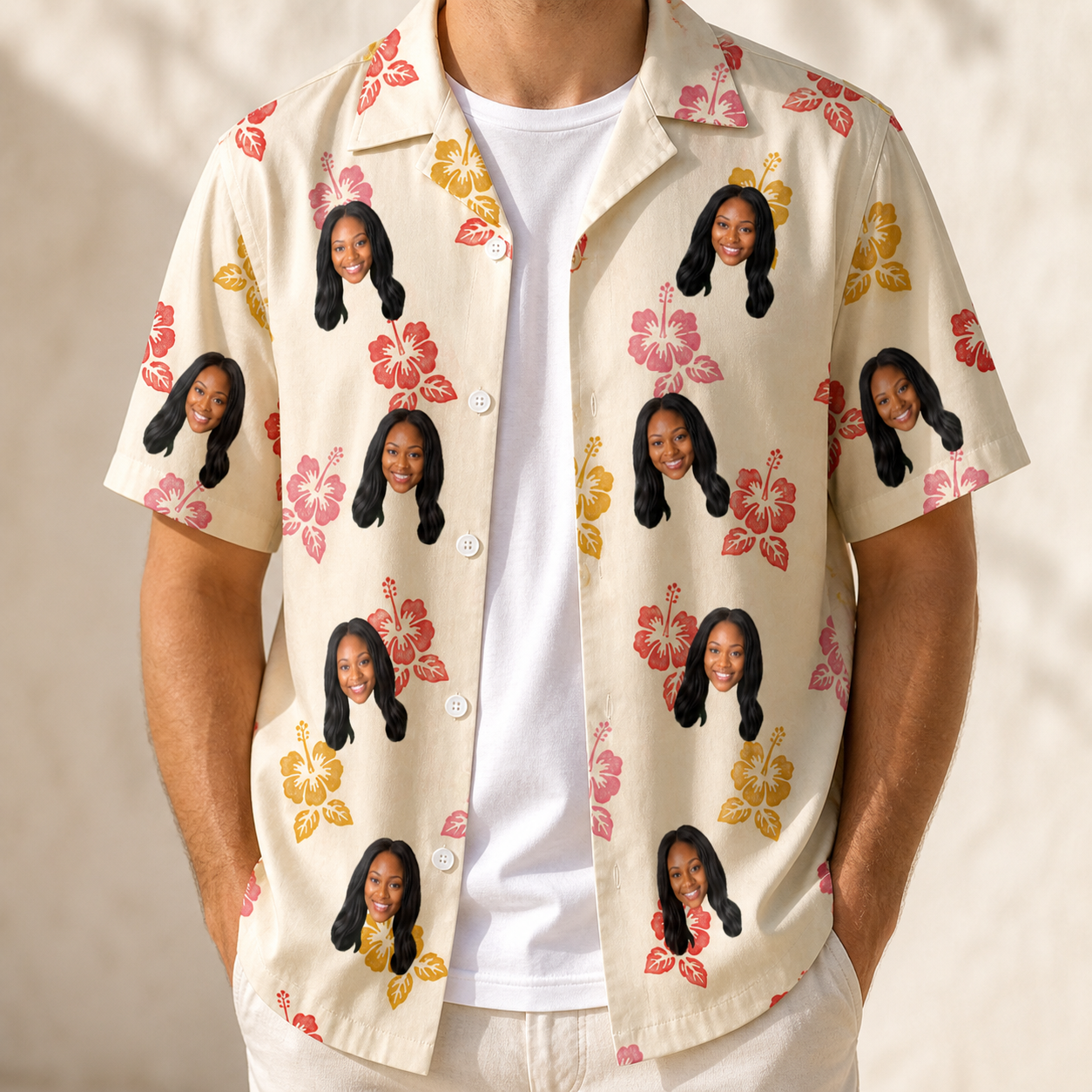 Man wearing Men's Hibiscus Hustle Custom Face Hawaiian Shirt open over a white tee