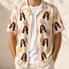 Man wearing Men's Hibiscus Hustle Custom Face Hawaiian Shirt open over a white tee