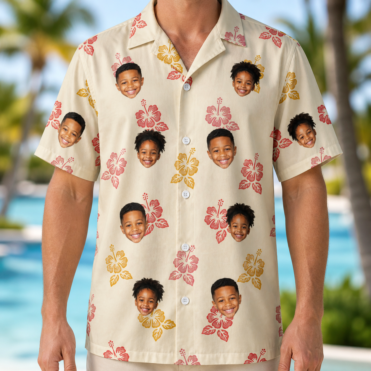 Model wearing Men's Hibiscus Hustle Custom Face Hawaiian Shirt printed with kids' faces
