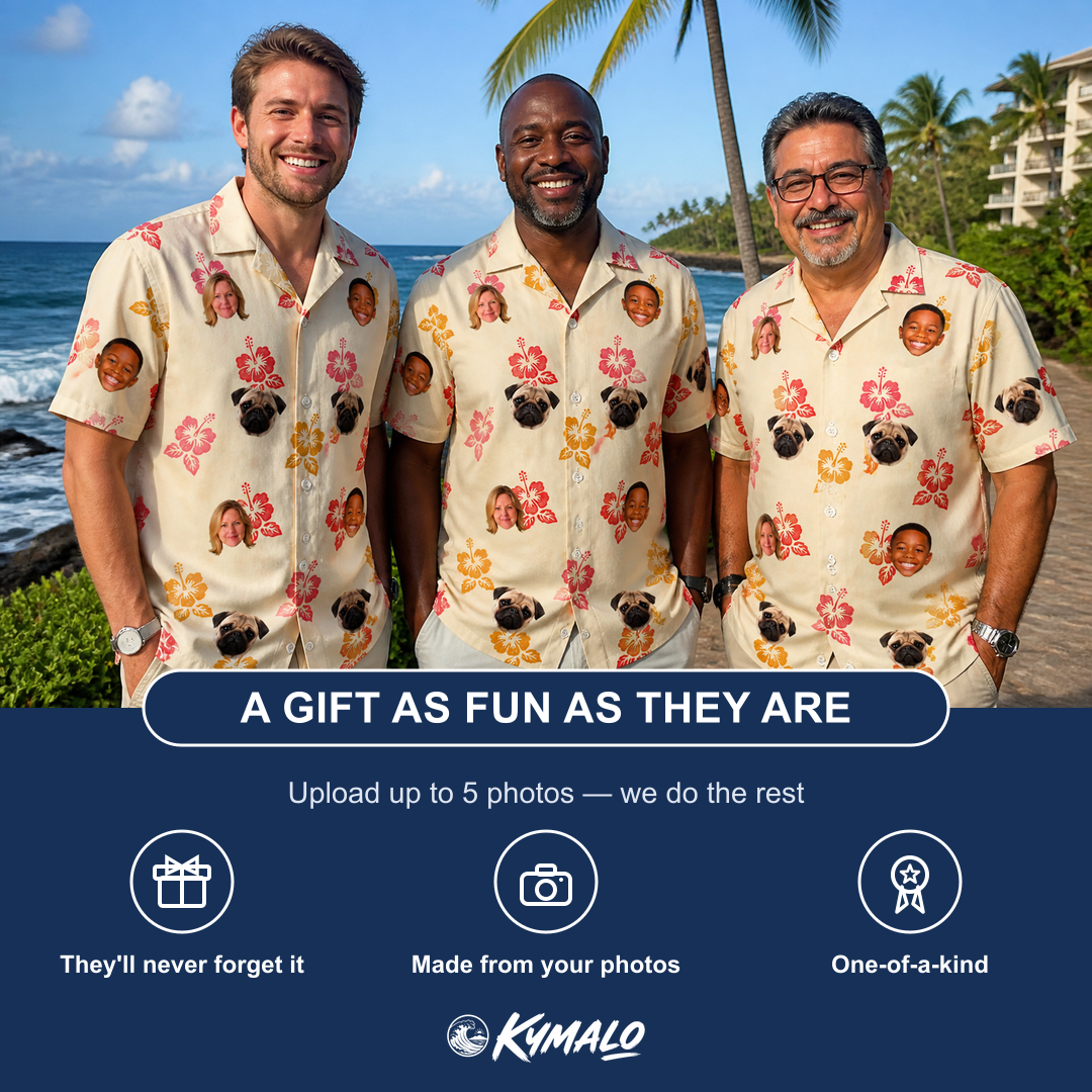 Friends in matching Men's Hibiscus Hustle Custom Face Hawaiian Shirt — a group gift photo