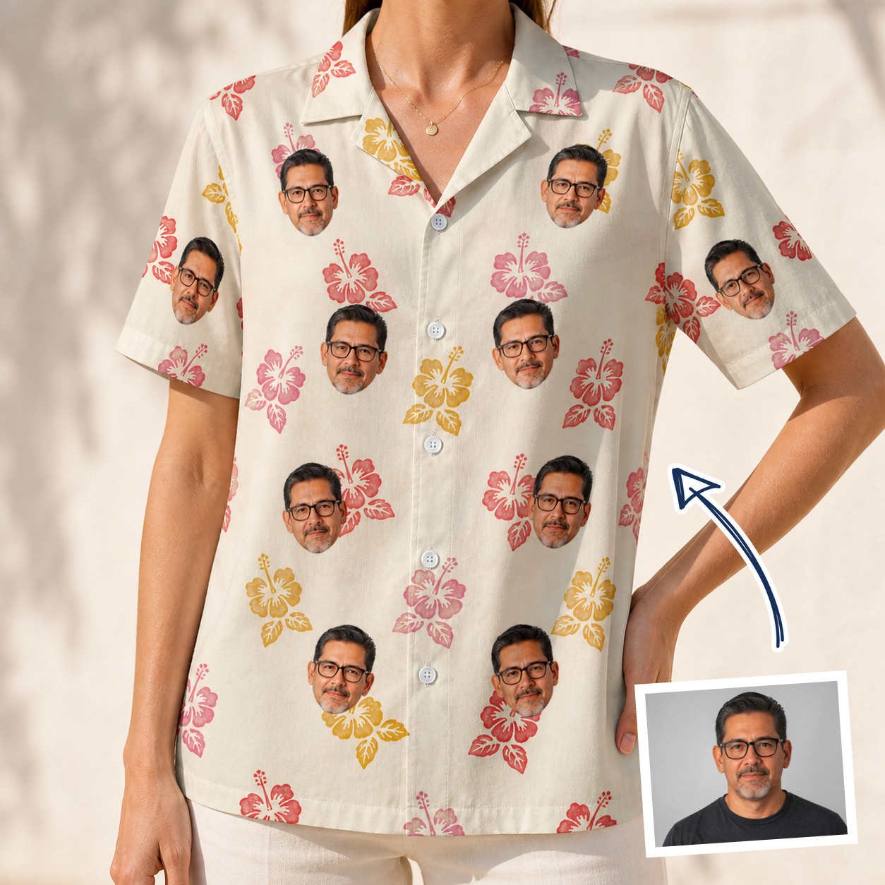 Woman wearing Women's Hibiscus Hustle Custom Face Hawaiian Shirt — custom faces printed all-over