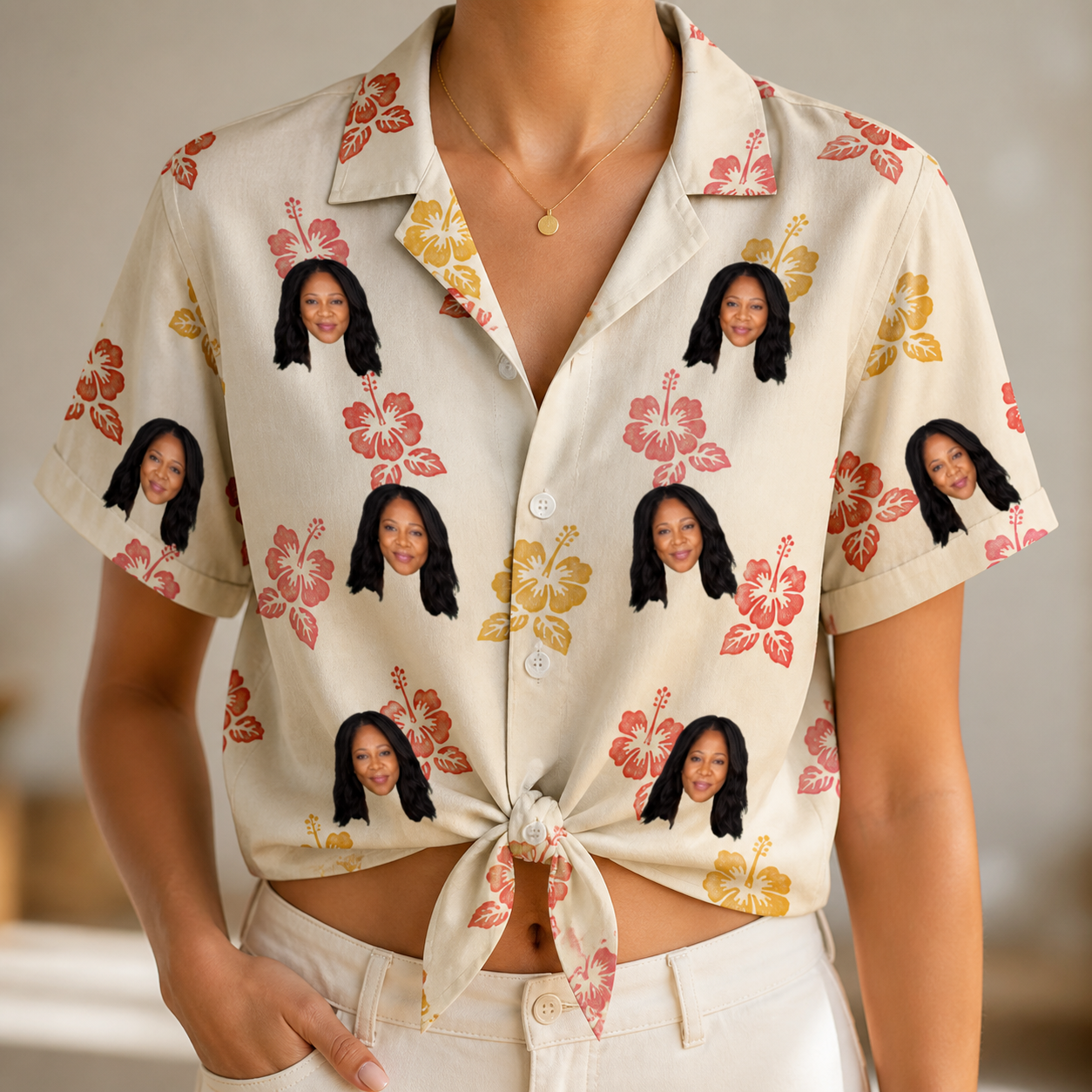 Woman wearing Women's Hibiscus Hustle Custom Face Hawaiian Shirt tied at the waist
