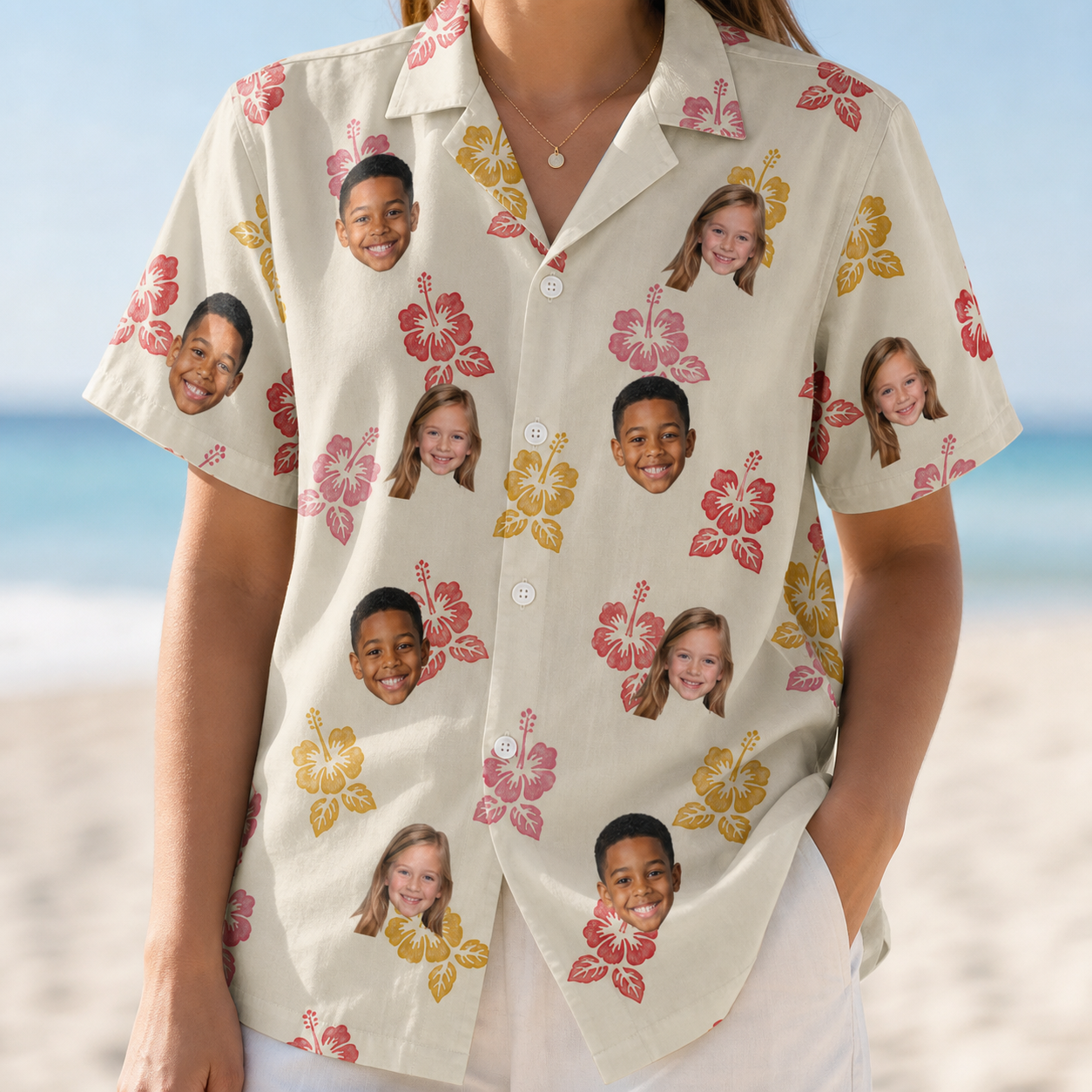 Model wearing Women's Hibiscus Hustle Custom Face Hawaiian Shirt printed with kids' faces