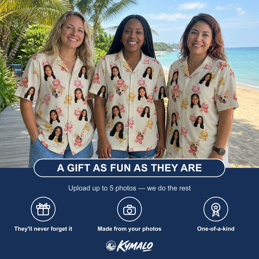 Friends in matching Women's Hibiscus Hustle Custom Face Hawaiian Shirt — a group gift photo