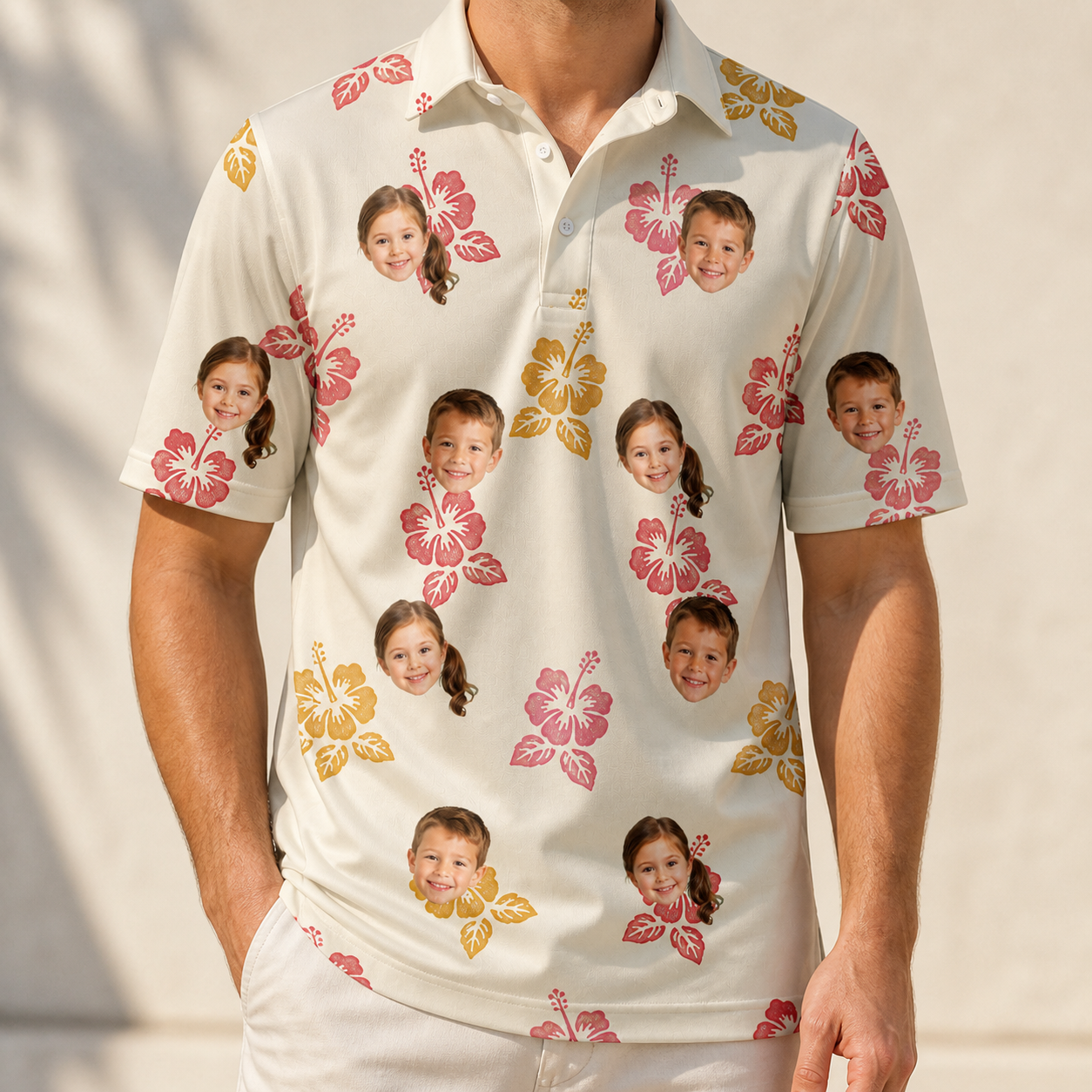 Model wearing Men's Hibiscus Hustle Custom Face Polo Shirt printed with kids' faces