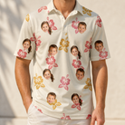 Model wearing Men's Hibiscus Hustle Custom Face Polo Shirt printed with kids' faces