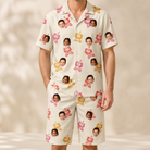 Model wearing Men's Hibiscus Hustle Custom Face Shirt & Shorts Set printed with kids' faces