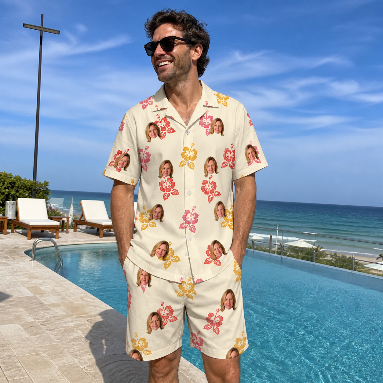 Real-life photo of someone wearing Men's Hibiscus Hustle Custom Face Shirt & Shorts Set — custom faces printed all-over
