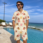Real-life photo of someone wearing Men's Hibiscus Hustle Custom Face Shirt & Shorts Set — custom faces printed all-over