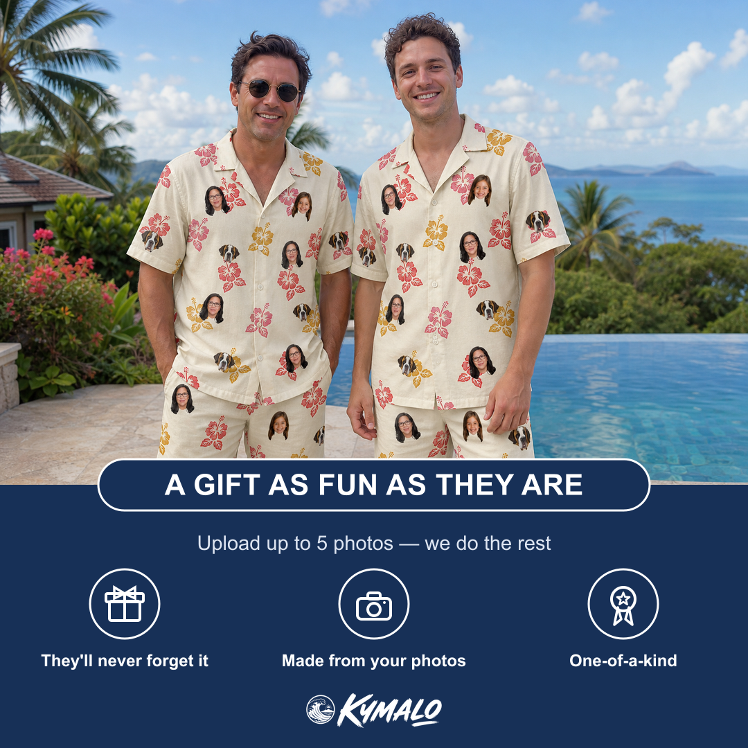 Friends in matching Men's Hibiscus Hustle Custom Face Shirt & Shorts Set — a group gift photo