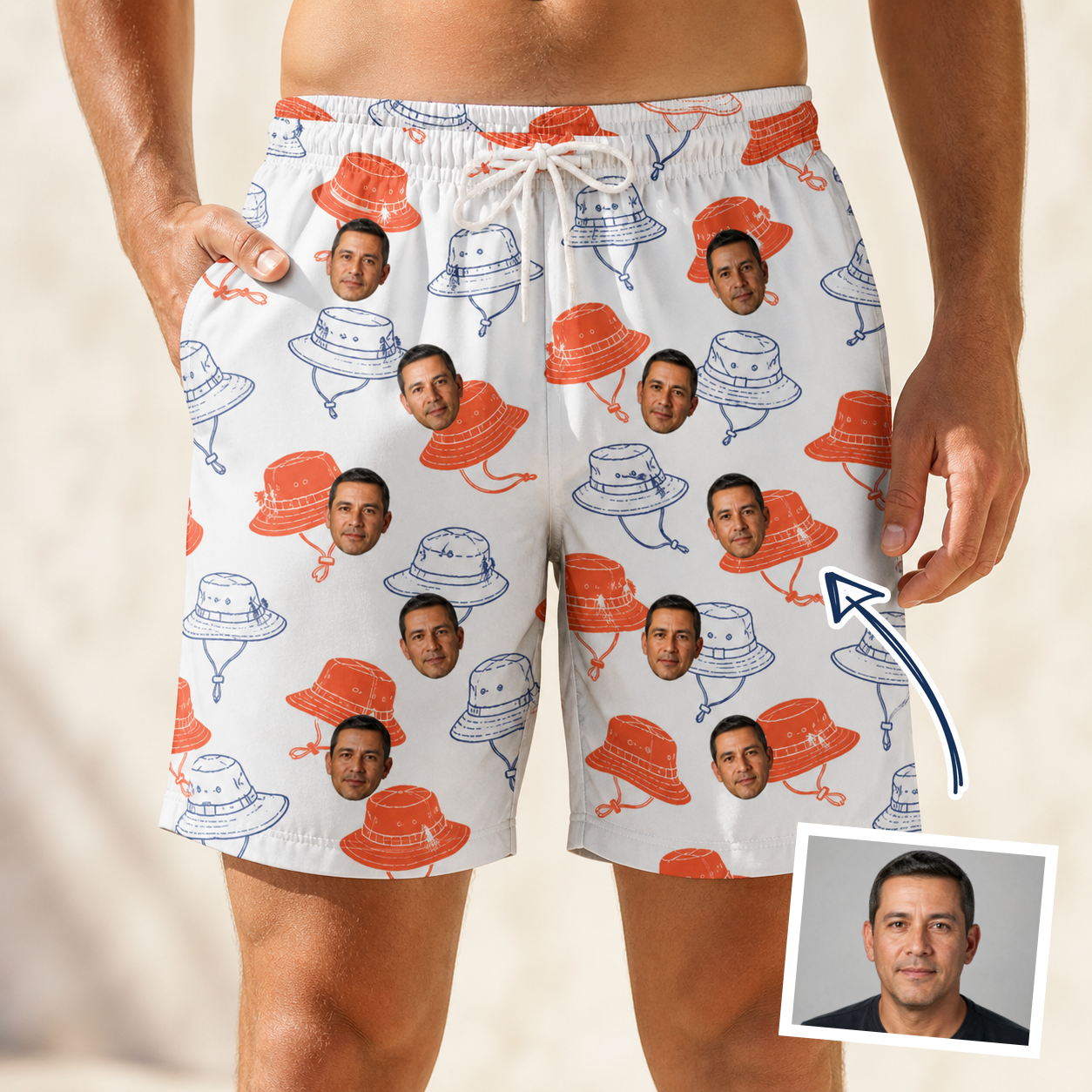 Man wearing Men's Hooked Brims Custom Face Beach Shorts — custom faces printed all-over