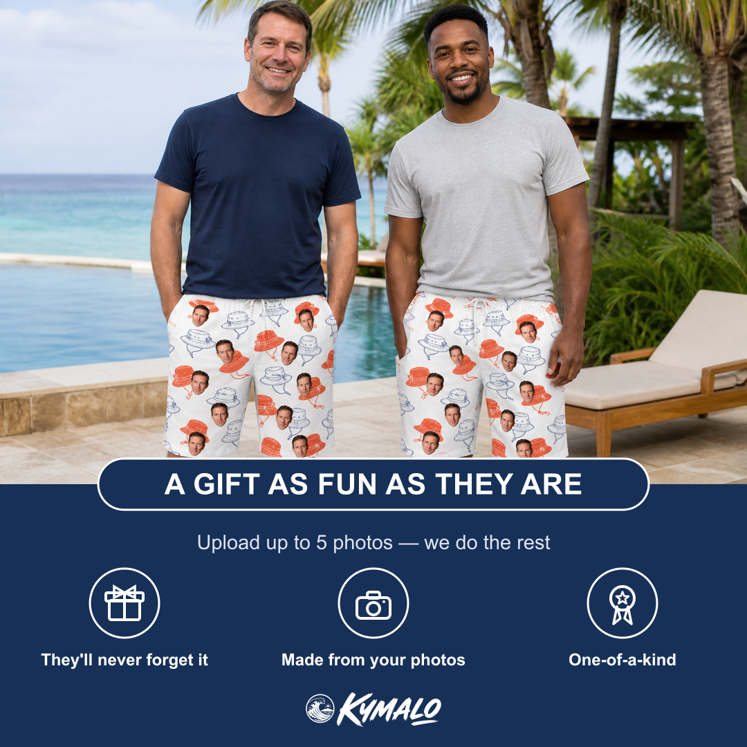 Friends in matching Men's Hooked Brims Custom Face Beach Shorts — a group gift photo