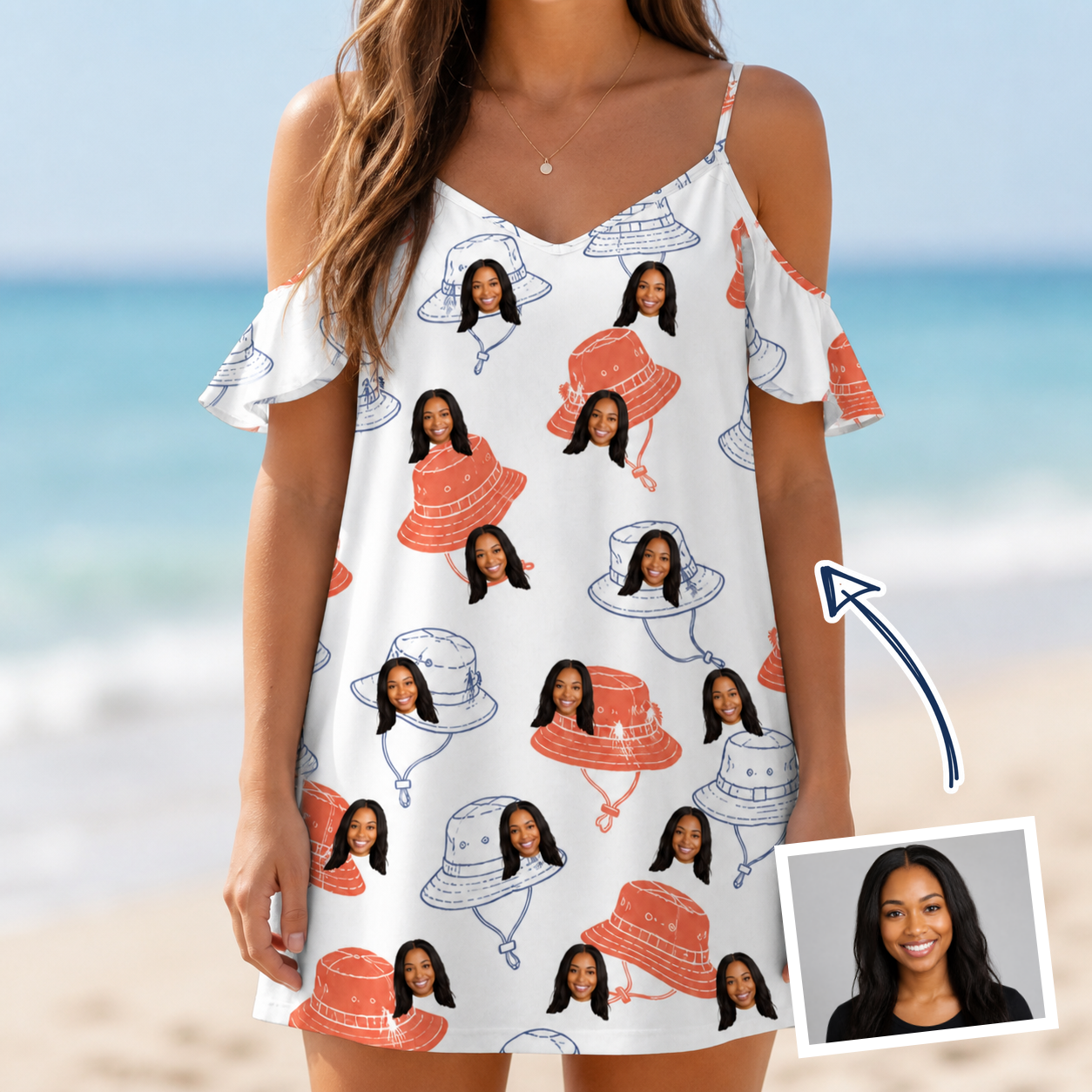 Woman wearing Women's Hooked Brims Custom Face Off-Shoulder Dress — custom faces printed all-over