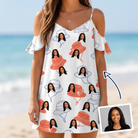 Woman wearing Women's Hooked Brims Custom Face Off-Shoulder Dress — custom faces printed all-over