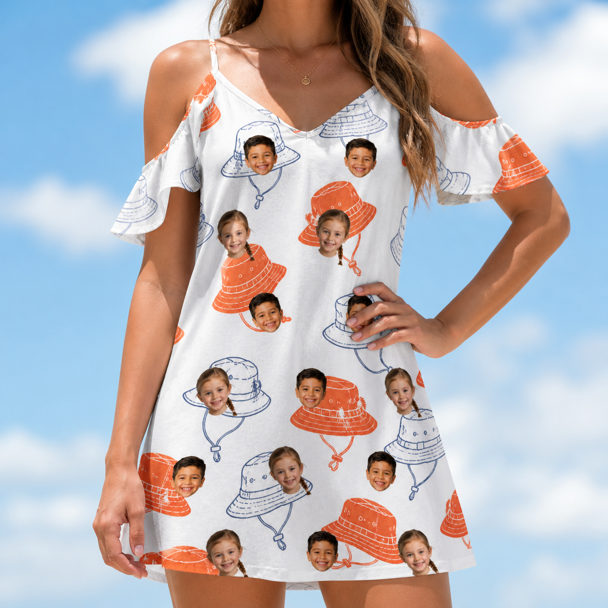 Model wearing Women's Hooked Brims Custom Face Off-Shoulder Dress printed with kids' faces