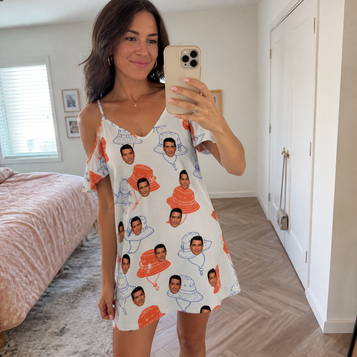 Real-life photo of someone wearing Women's Hooked Brims Custom Face Off-Shoulder Dress — custom faces printed all-over