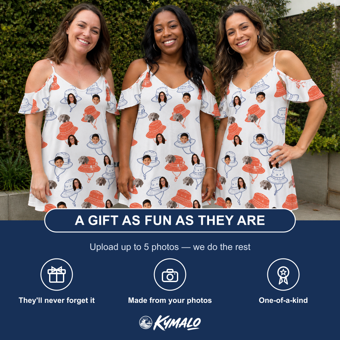 Friends in matching Women's Hooked Brims Custom Face Off-Shoulder Dress — a group gift photo