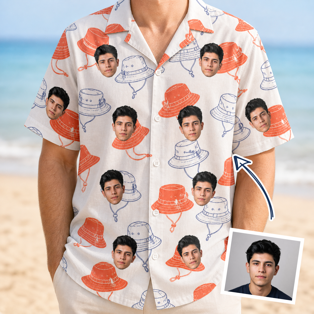 Man wearing Men's Hooked Brims Custom Face Hawaiian Shirt — custom faces printed all-over