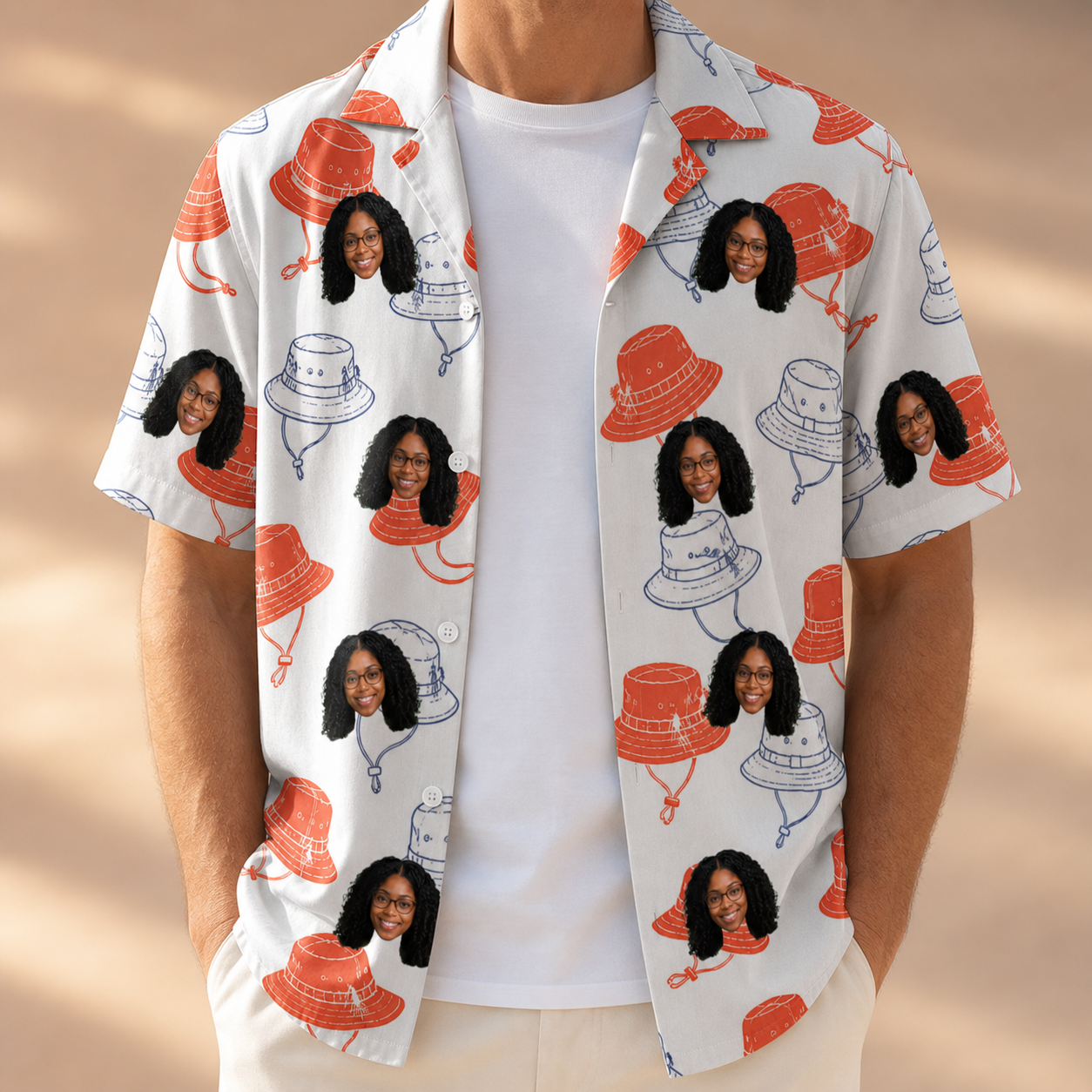 Man wearing Men's Hooked Brims Custom Face Hawaiian Shirt open over a white tee