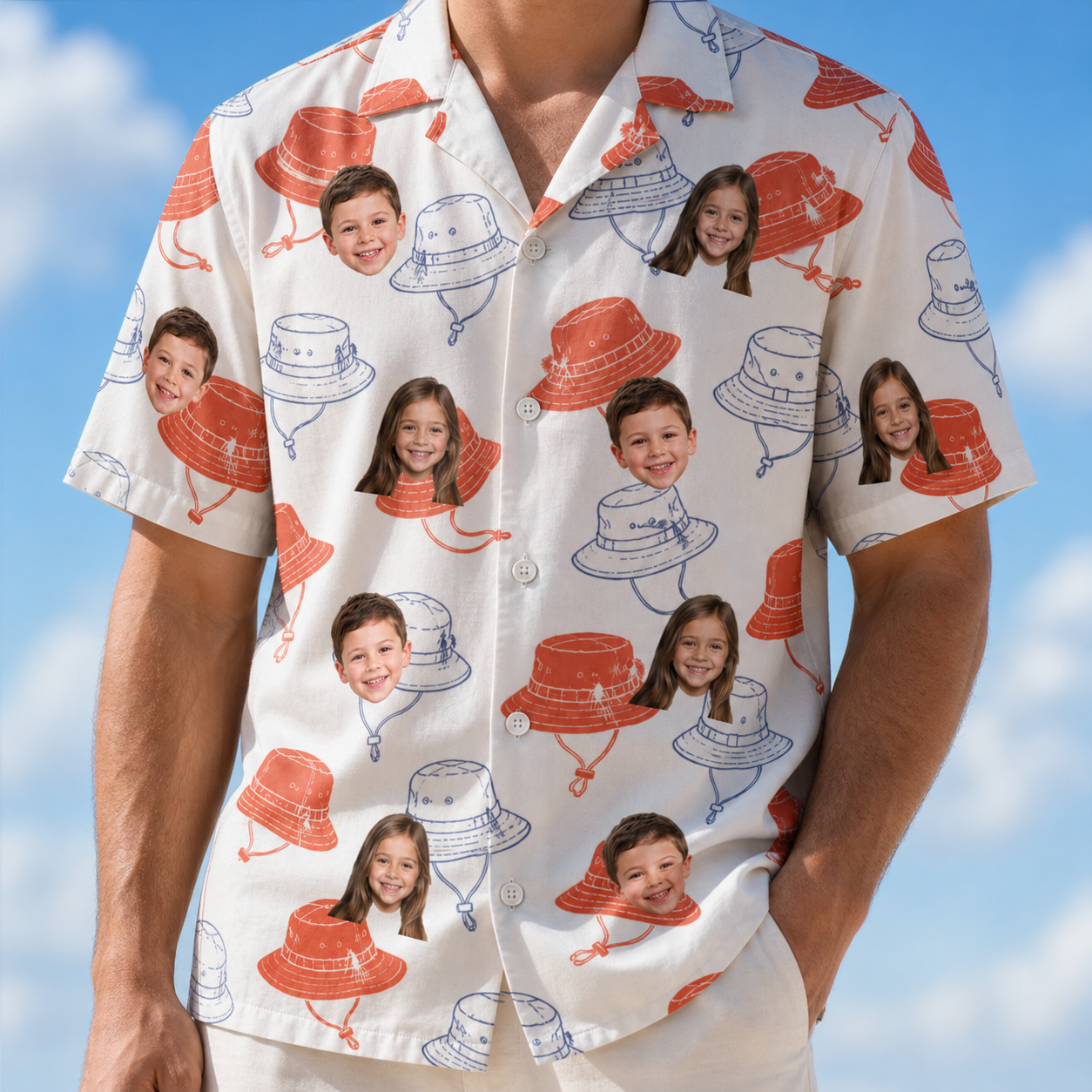 Model wearing Men's Hooked Brims Custom Face Hawaiian Shirt printed with kids' faces
