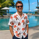 Real-life photo of someone wearing Men's Hooked Brims Custom Face Hawaiian Shirt — custom faces printed all-over