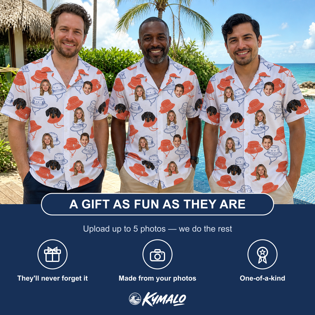 Friends in matching Men's Hooked Brims Custom Face Hawaiian Shirt — a group gift photo