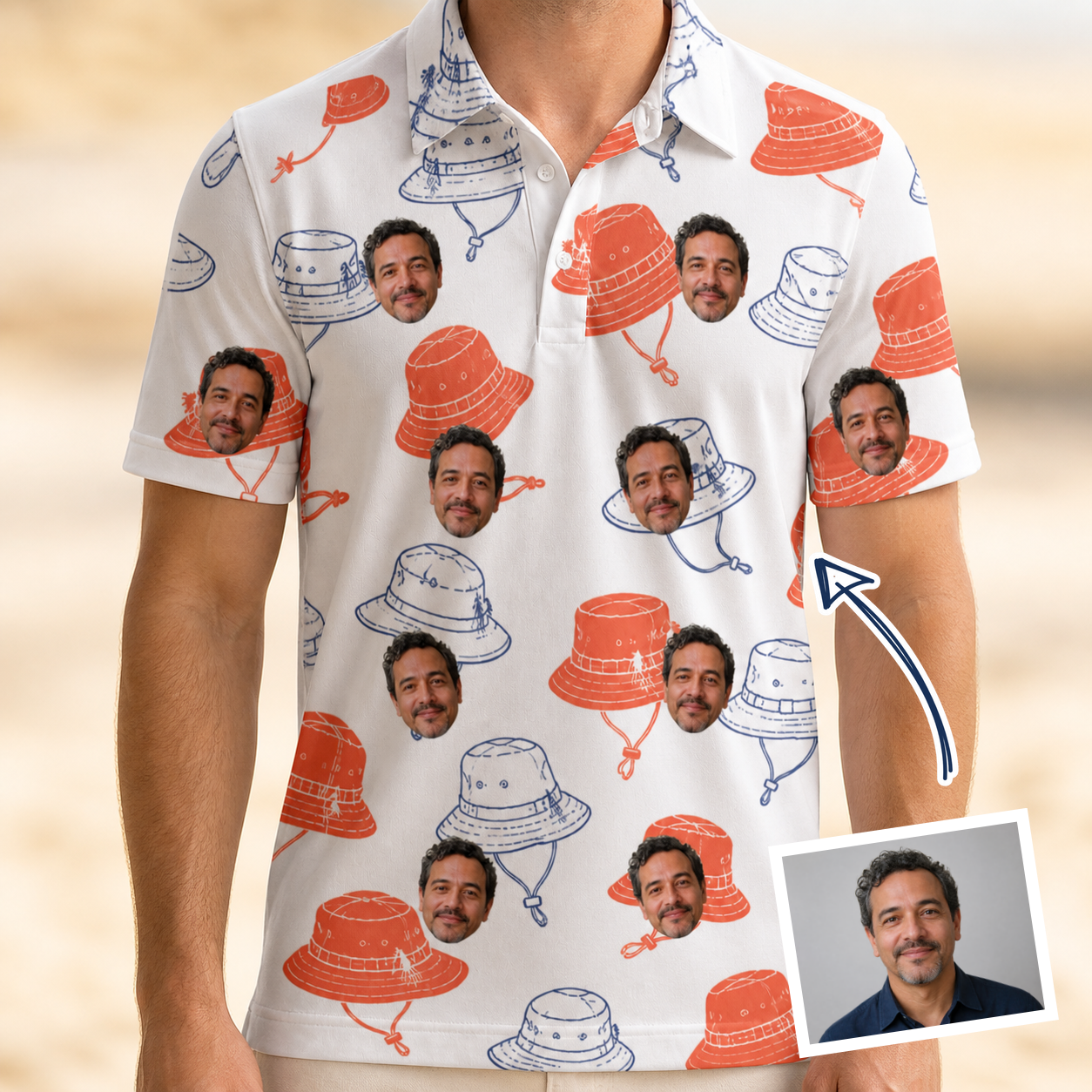 Man wearing Men's Hooked Brims Custom Face Polo Shirt — custom faces printed all-over