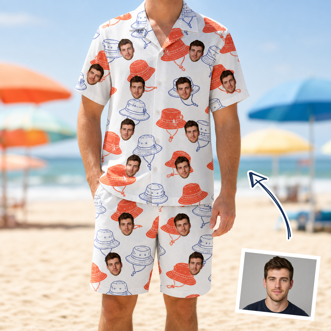 Man wearing Men's Hooked Brims Custom Face Shirt & Shorts Set — custom faces printed all-over