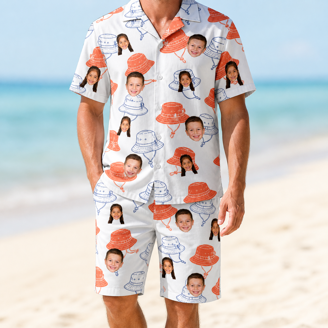 Model wearing Men's Hooked Brims Custom Face Shirt & Shorts Set printed with kids' faces