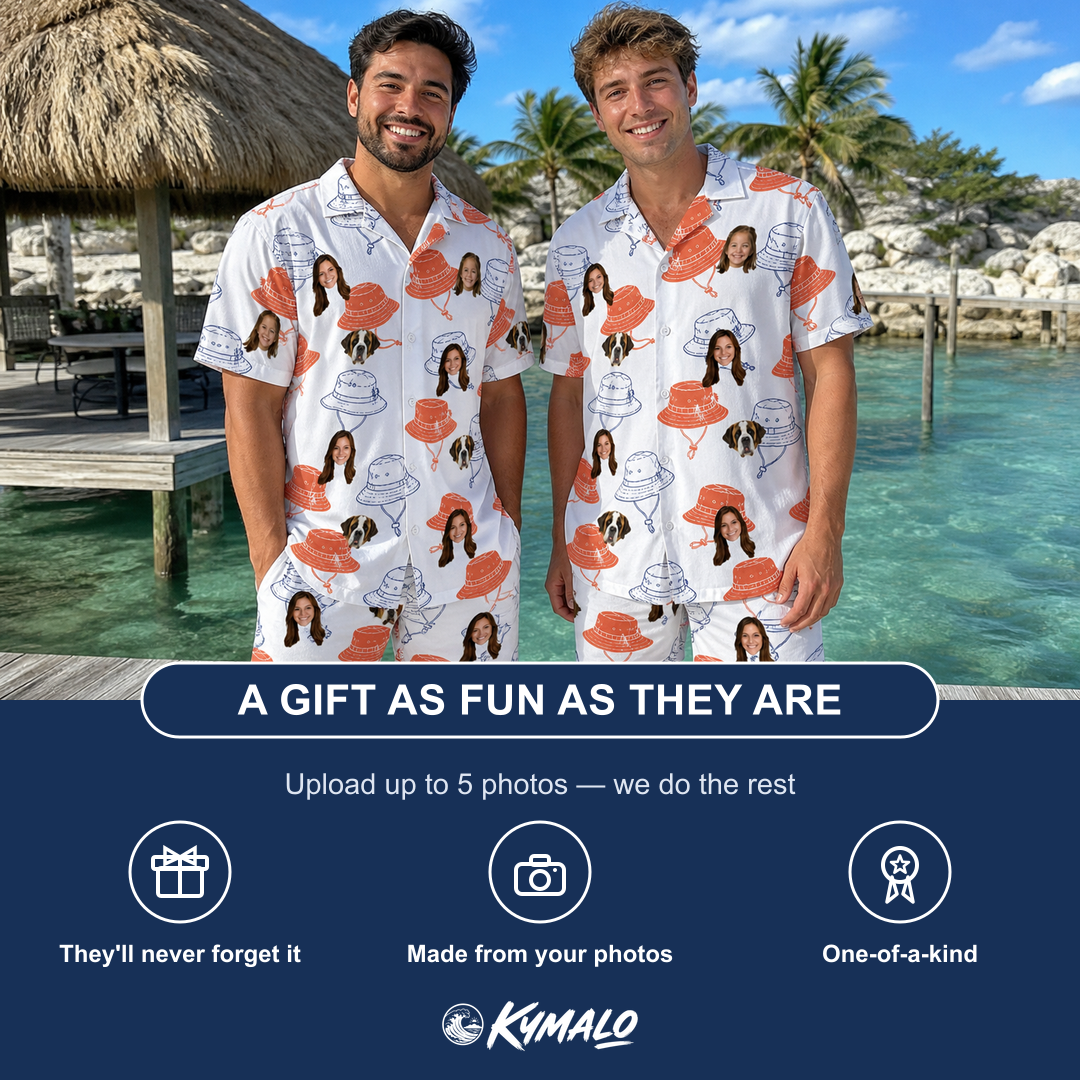 Friends in matching Men's Hooked Brims Custom Face Shirt & Shorts Set — a group gift photo