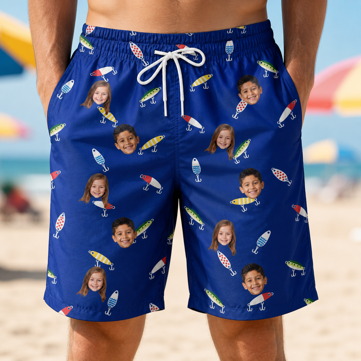 Model wearing Men's Lure Lore Custom Face Beach Shorts printed with kids' faces