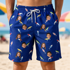 Model wearing Men's Lure Lore Custom Face Beach Shorts printed with kids' faces