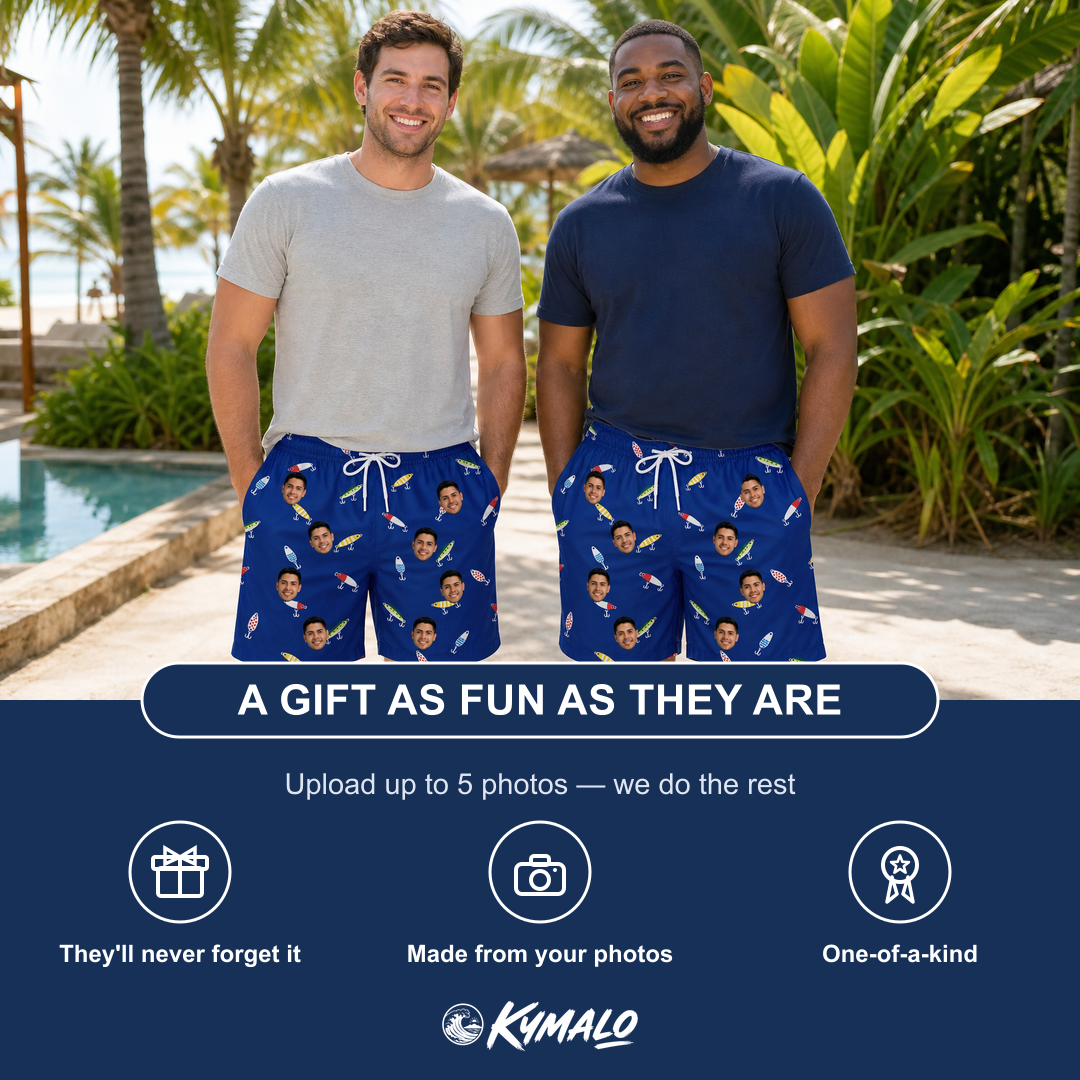 Friends in matching Men's Lure Lore Custom Face Beach Shorts — a group gift photo