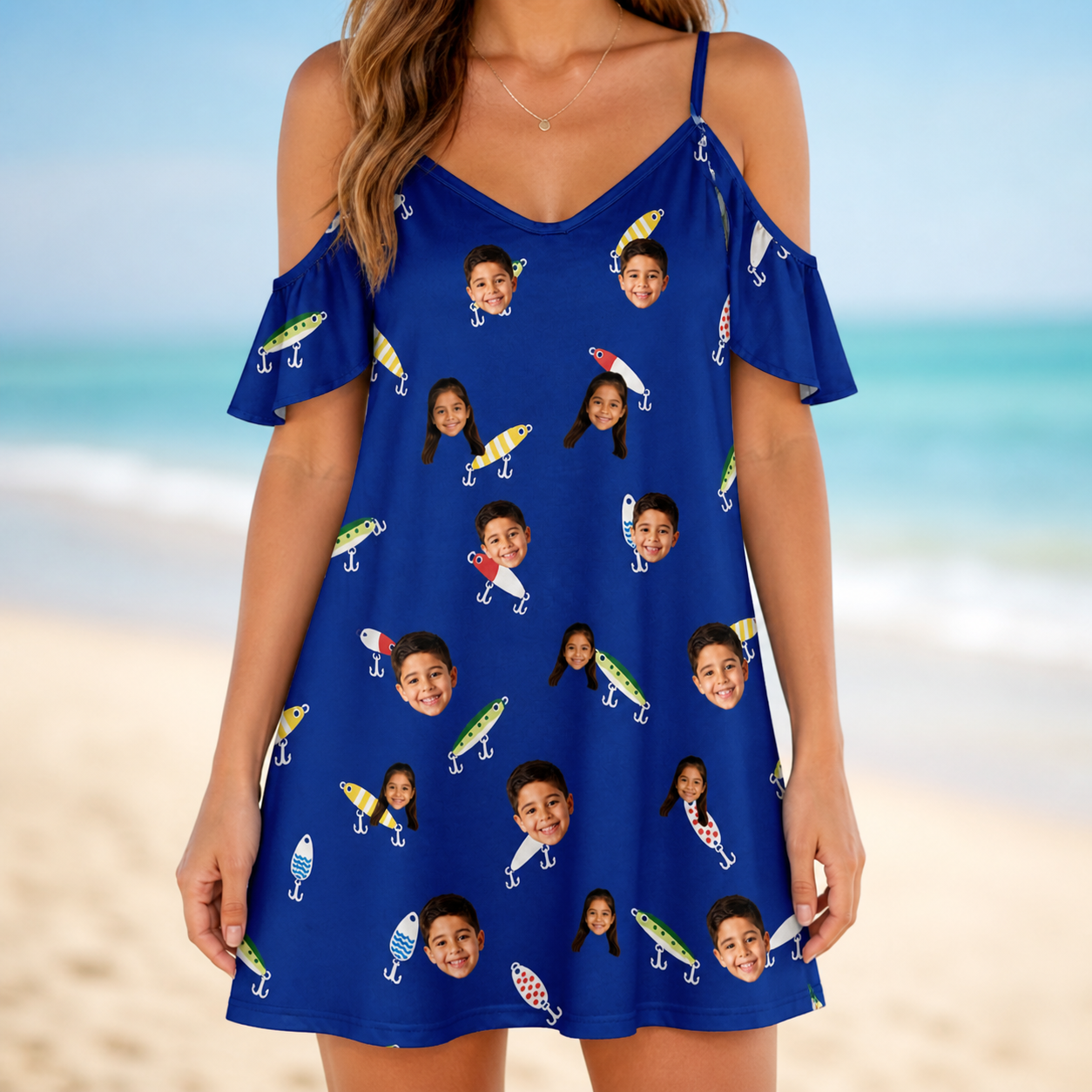 Model wearing Women's Lure Lore Custom Face Off-Shoulder Dress printed with kids' faces