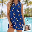 Woman wearing Women's Lure Lore Custom Face V-Neck Dress — custom faces printed all-over