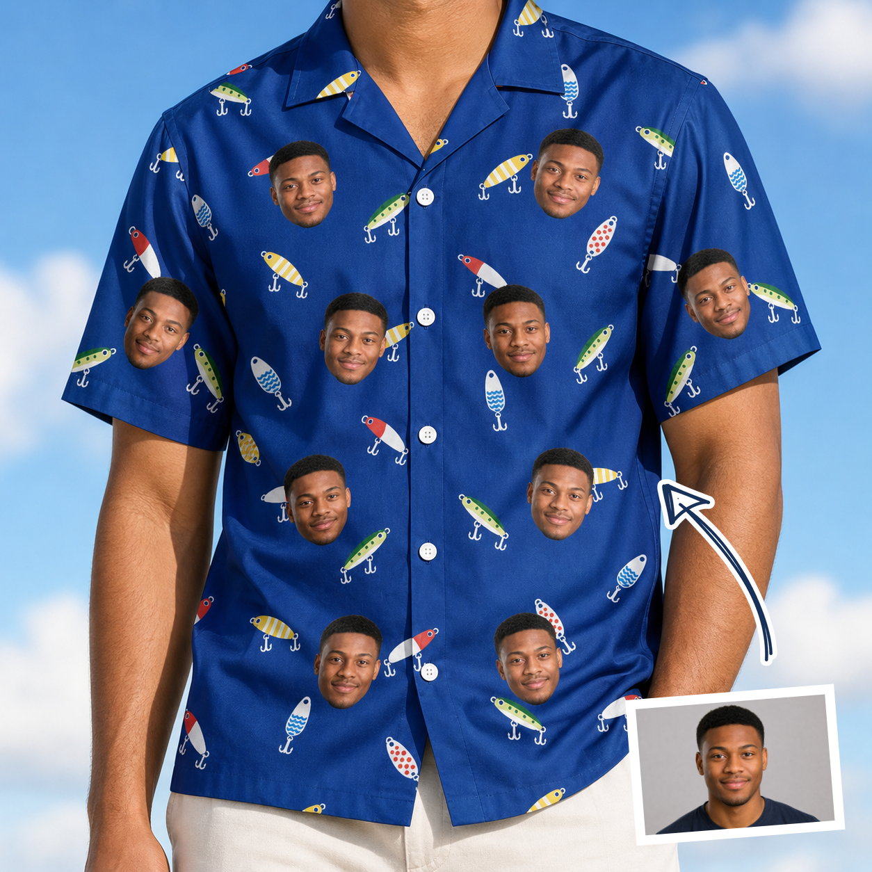 Man wearing Men's Lure Lore Custom Face Hawaiian Shirt — custom faces printed all-over