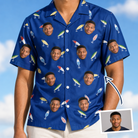 Man wearing Men's Lure Lore Custom Face Hawaiian Shirt — custom faces printed all-over