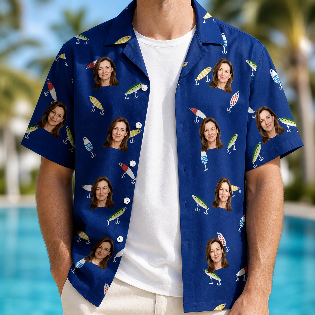 Man wearing Men's Lure Lore Custom Face Hawaiian Shirt open over a white tee